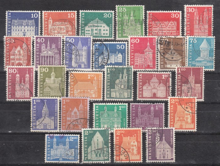 A12 S6 11 - Timbre foarte vechi - Elvetia - cladiri celebre - 28 valori