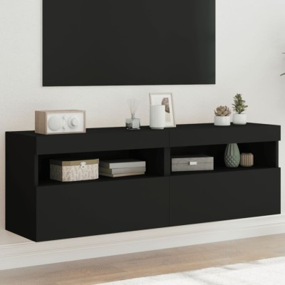 vidaXL Comode TV de perete cu lumini LED, 2 buc., negru, 60x30x40 cm foto