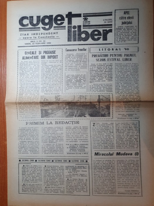 ziarul cuget liber 23 februarie 1990-ziar care apare in constanta