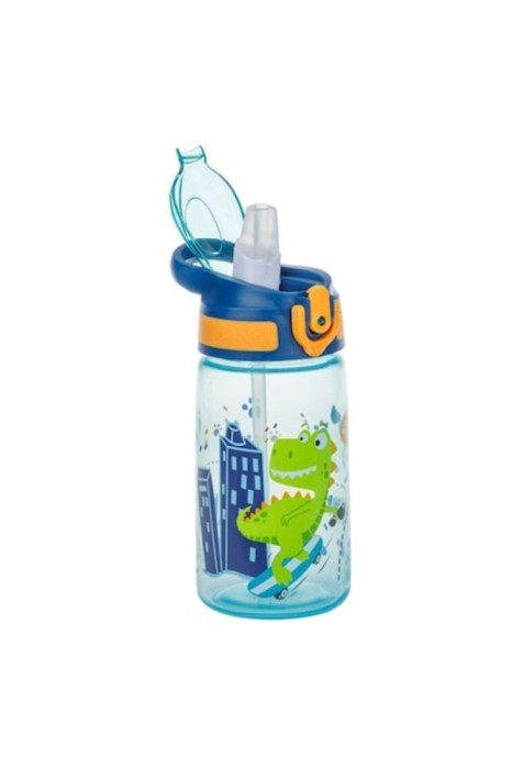 Sticlă de apă pentru copii cu pai și m&acirc;ner, 500 ml, dinozaur, pop-up, școală și grădiniță