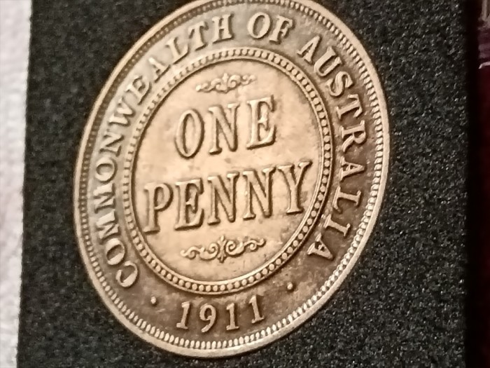 One 1 Penny 1911 Australia (in capsula), stare EF+. Discount de 10 % pentru comenzi de minumum 200 lei.
