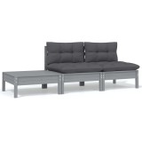 Set mobilier gradina Gossi, 3 piese, lemn pin, gri, cu perne antracit. Canapea + taburet/masa