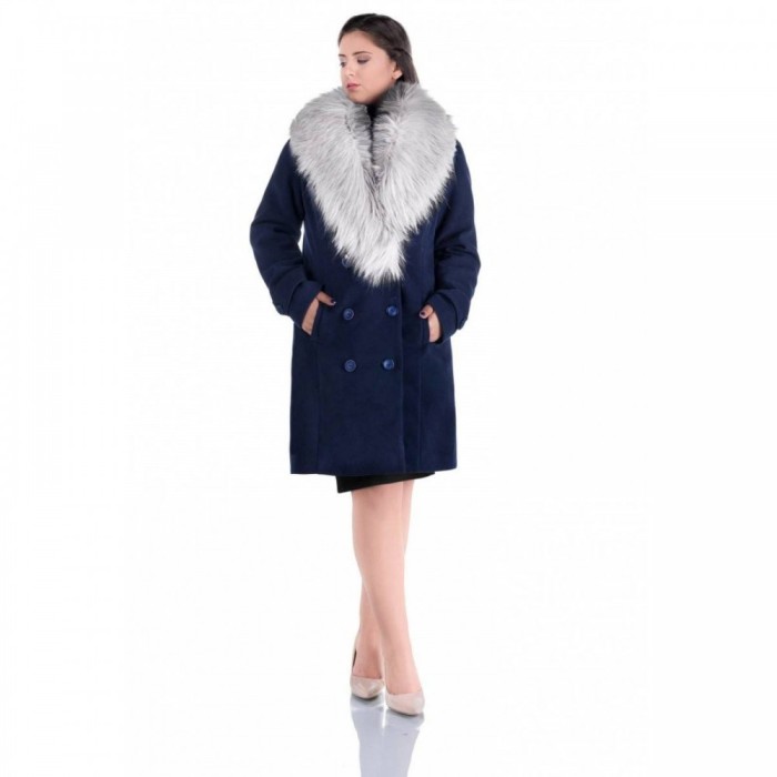 Palton elegant cu guler din blana Ambra bleumarin argintiu Palton elegant cu guler din blana Ambra bleumarin argintiu