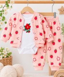 Cumpara ieftin Costumas bumbac bebelusi 3 piese roz cu imprimeu fructe, bluza maneca lunga cu