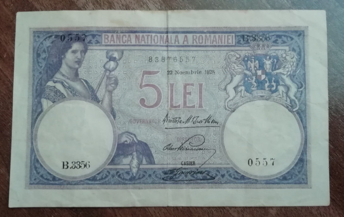 B12 - Bancnota Romania - 5 leI - emisiune 22 noiembrie 1928