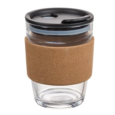 Cana de voiaj Pufo din sticla cu protectie termica de pluta pentru cafea sau ceai, 300 ml, transparent foto