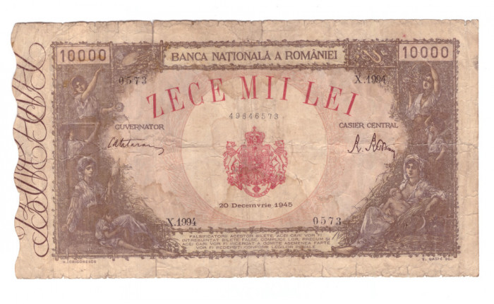 Bancnota 10000 lei 20 decembrie 1945, circulata, uzata, patata