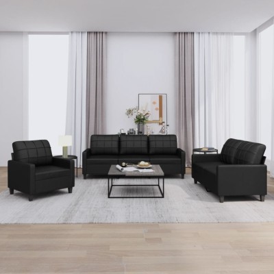 Set de canapele cu perne, 3 piese, negru, piele ecologică foto