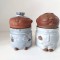 Lot 2 vase ceramice cu capac, in forma de barbat si femeie (bucatar si gospodina), lut ars si smaltuit, 14cm inaltime