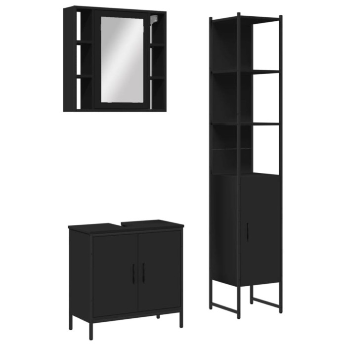 Set dulapuri de baie, 3 piese, negru, lemn prelucrat