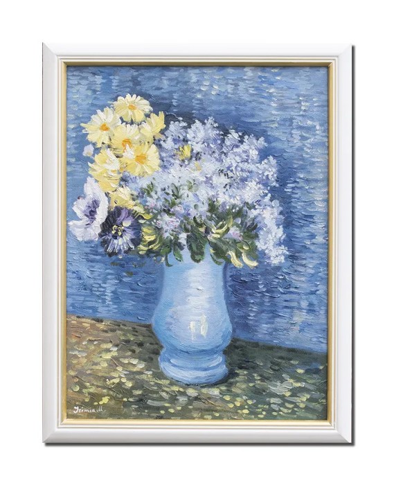 Tablou celebru inramat reproducere Vincent van Gogh pictat manual, Flori in vaza, 45x35cm ulei pe panza, rama din lemn
