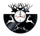 Ceas de perete decorativ realizat din disc de vinil, Model Cerbi in padure, Negru, 30 cm