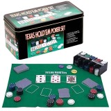 Poker cu 200 chips poker in cutie metalica, buton dealer, jetoane 4 culori de 1, 5 10 si 25, carti joc