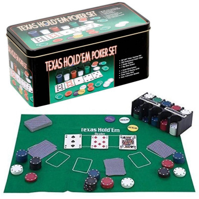Poker cu 200 chips poker in cutie metalica, buton dealer, jetoane 4 culori de 1, 5 10 si 25, carti joc foto