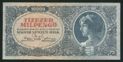 t754 UNGARIA ZECE MII milioane Pengo 1946 T&amp;iacute;zezer Mil Pengő SUPERINFLATIE VF foto