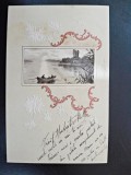 Carte postala cu plimbare pe lac si flori de colt, 1902