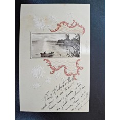 Carte postala cu plimbare pe lac si flori de colt, 1902