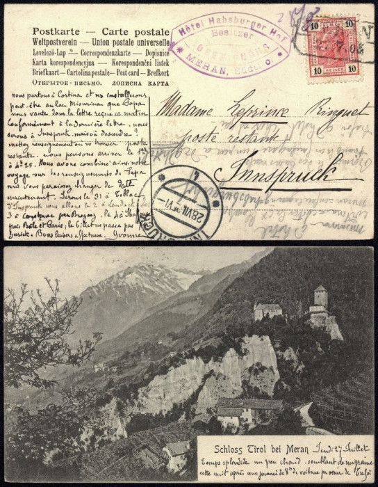 Austria 1905 Old Postcard Meran to Innsbruck - Hotel DB.290