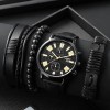Set Cadou Barbati Ceas Liandu CH0006 + 3 Bratari Piele Eco, Curea Neagra, Mecanism Quartz, Cutie Cadou
