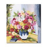 Tablou pictat manual, Vaza cu flori si carte, 45x40cm ulei pe panza, gata de agatat pe perete