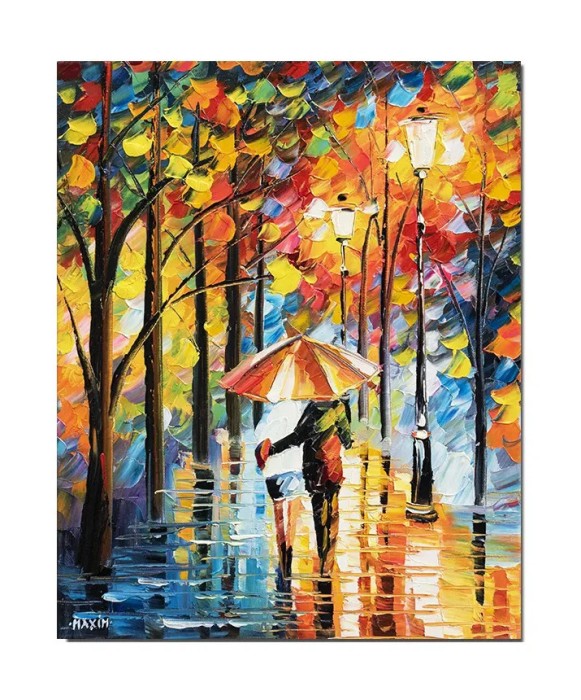 Tablou indragostiti pictat manual dormitor, hol, living, Noi doi sub o umbrela, 50x40cm ulei panza in cutit efect 3D