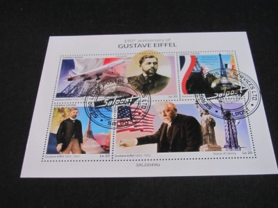 190 Ani de la Nașterea lui Gustave Eiffel, Turnul Eiffel &amp;amp; Statuia Libertății - Bloc Filatelic Sierra Leone foto