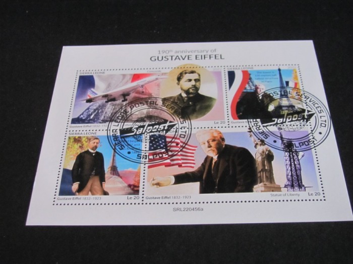 190 Ani de la Nașterea lui Gustave Eiffel, Turnul Eiffel &amp; Statuia Libertății - Bloc Filatelic Sierra Leone
