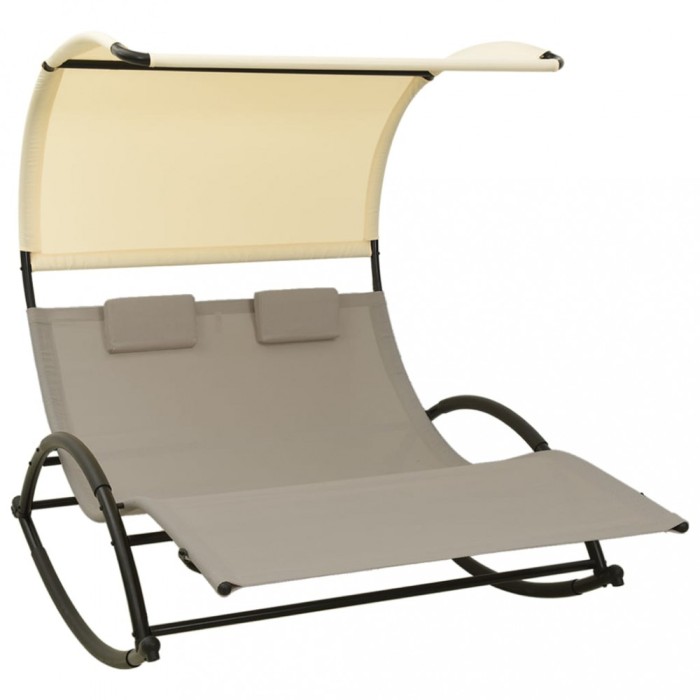 vidaXL Șezlong de plajă dublu cu baldachin, gri taupe&amp;crem, textilenă