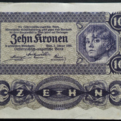 Bancnota istorica 10 COROANE / KRONEN- AUSTRIA, anul 1922 * cod 346