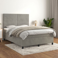 vidaXL Pat box spring cu saltea, gri deschis, 140x200 cm, catifea