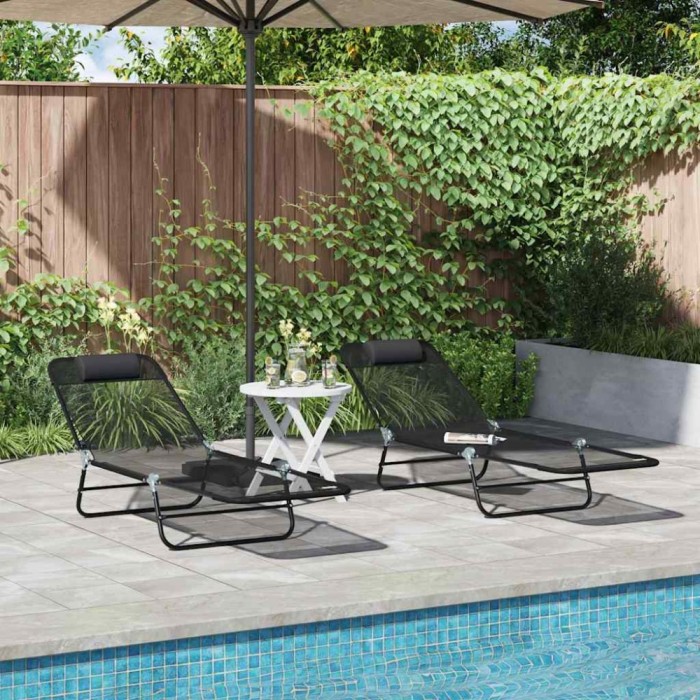 vidaXL Șezlong pliabil 2 pcs Negru 182 x 55 x 85.5cm Textilenă 42003158