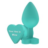 Plug anal TOYJOY Anal Play Booty Sweethearts, cu mesaj &bdquo;Your Ass is Mine&rdquo; pe baza &icirc;n formă de inimă, diametru 3.5 cm, verde