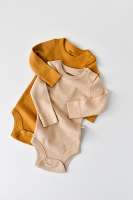 Set de 2 body-uri cu maneca lunga din bumbac organic si modal - Mustar/Somon BabyCosy (Marime: 9-12 luni) foto