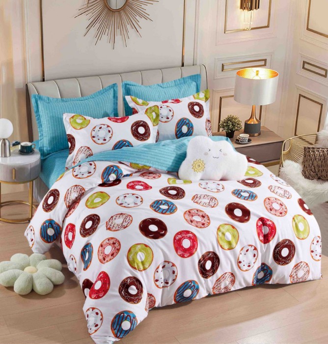 Lenjerie pat dublu,bumbac finet,6 piese,cearceaf cu elastic,alba,Donuts-A903