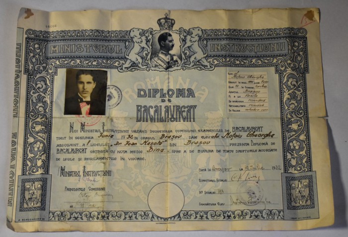 Diploma de Bacalaureat - perioada regalista Carol II - Brasov 1932 Liceu Mesota