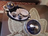 Serviciu de masă porțelan, cobalt, aur, 6 piese, made in RSR vintage, Romania