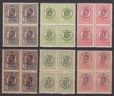 ROMANIA 1918 LP 71 I REGELE CAROL I TIPOGRAFIATE SUPRATIPAR P.T.T.F.F. HARTIE ALBA+HARTIE GRI BLOCURI 4 TIMBRE STARE MNH