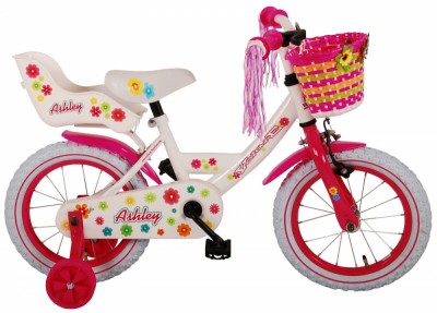 Bicicleta pentru fete Ashley, 14 inch, culoare alb/roz, frana de mana + contra Cod:81404 foto