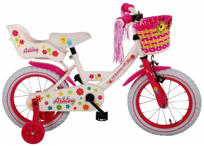 Bicicleta pentru fete Ashley, 14 inch, culoare alb/roz, frana de mana + contra Cod:81404