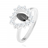 Inel din argint 925, zirconiu negru - formă de bob, contur inimă, zirconii transparente - Marime inel: 52