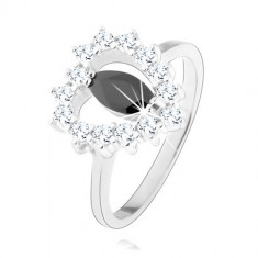Inel din argint 925, zirconiu negru - formă de bob, contur inimă, zirconii transparente - Marime inel: 60