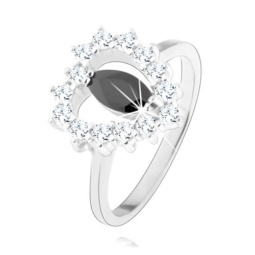 Inel din argint 925, zirconiu negru - formă de bob, contur inimă, zirconii transparente - Marime inel: 59