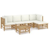 Set mobilier de gradina cu perne alb crem, 6 piese, bambus