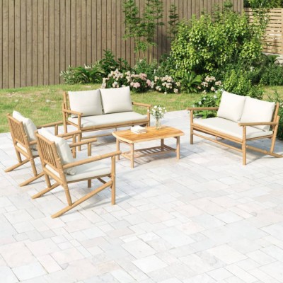 vidaXL Set mobilier de grădină cu perne alb crem, 2 piese, bambus 3156475 foto