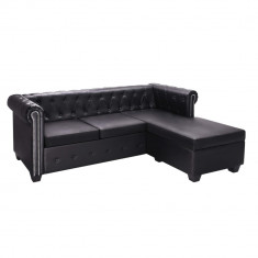 Canapea Chesterfield în forma de L, piele artificiala, negru GartenMobel Dekor