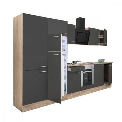 Mobilă de bucătărie Yorki 330, corp din stejar sonoma, front antracit satinat cu element cuptor inferior, dulap cu rafturi și frigider cu congelator s foto