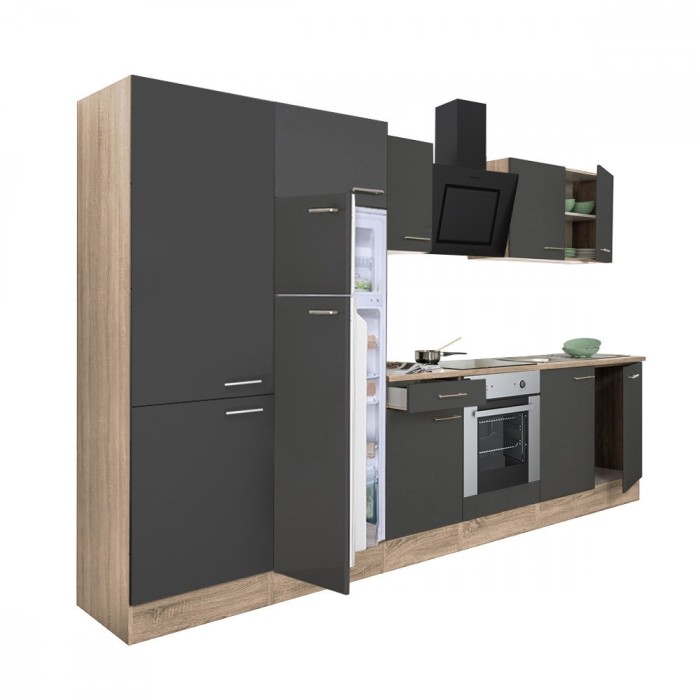 Mobilă de bucătărie Yorki 330, corp din stejar sonoma, front antracit satinat cu element cuptor inferior, dulap cu rafturi și frigider cu congelator s