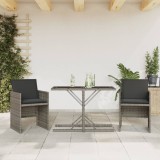 Set bistro de grădină cu perne, 3 piese, gri, poliratan