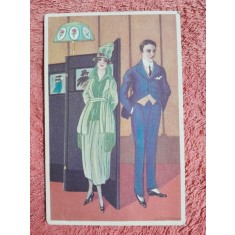 Carte postala, desen femeie si barbat, inceput de secol XX