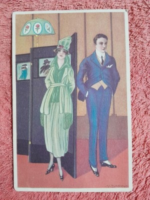 Carte postala, desen femeie si barbat, inceput de secol XX foto